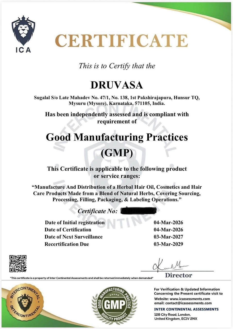 Druvasa Good Manufacturing Practices certificate