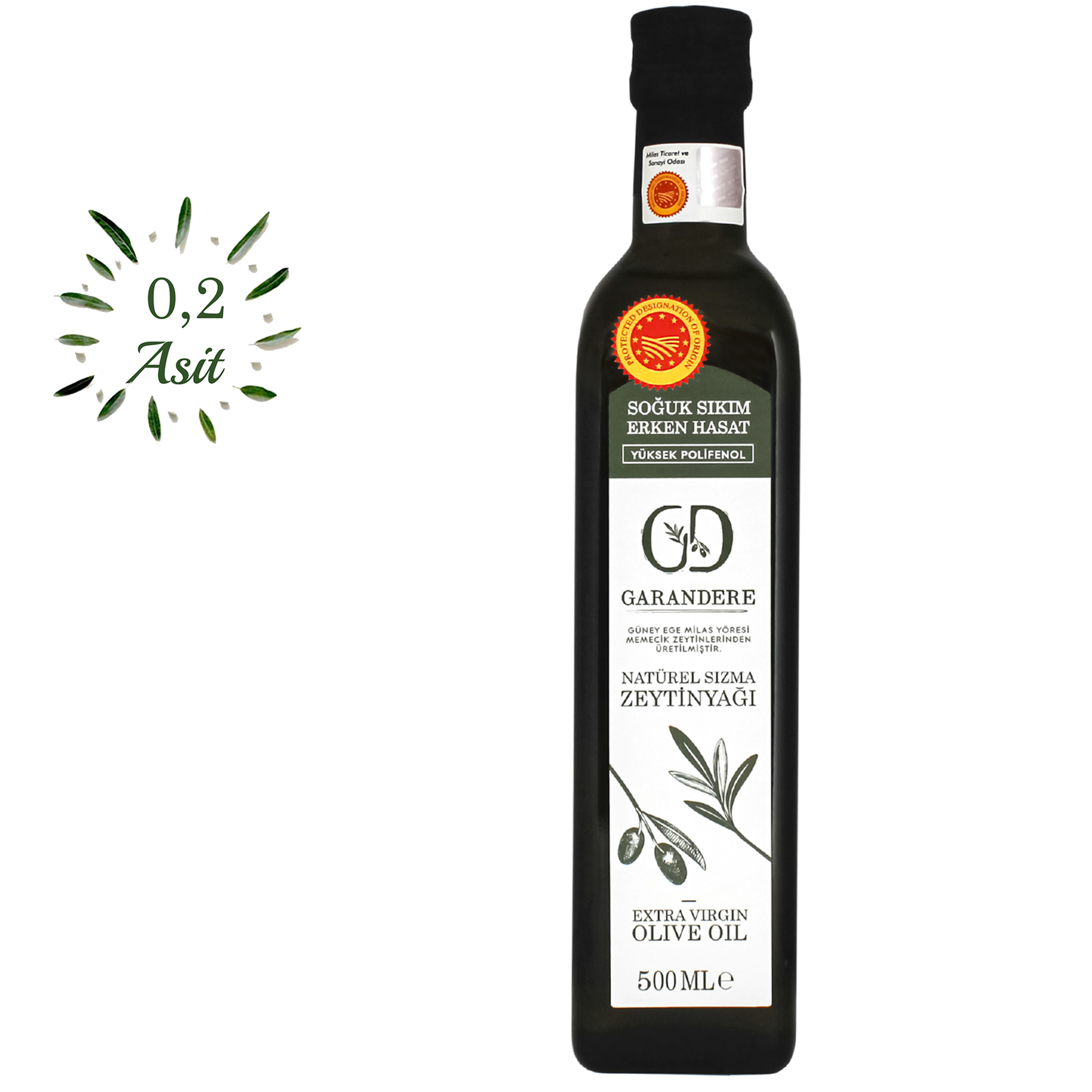 Garandere zeytinyağı şişesi, 0,2 asit yazılı, 470 Yüksek Polifenollü Kids Organik Bebek Çocuk Zeytinyağı 250 Ml.
