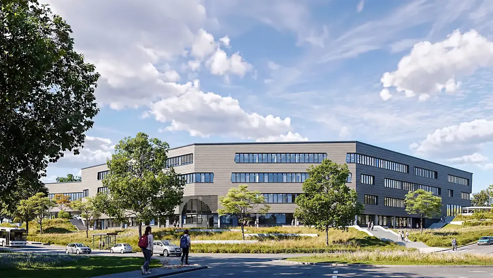Architekturvisualisierung eines modernen Schulgebäudes mit großzügigen Fensterflächen, begrüntem Campus und offen gestalteten Außenanlagen.