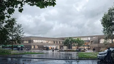 3D-Visualisierung des Haupteingangs des Gymnasiums Röhrmoos bei Regen mit moderner Holzfassade, Vorplatz und Schülerinnen und Schülern.