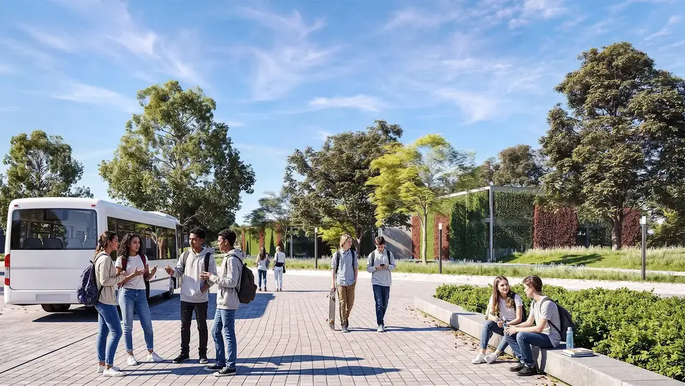 Moderner Schulcampus mit Bushaltestelle, Schülerinnen und Schülern, begrünten Außenanlagen und zeitgemäßer Architektur als fotorealistische 3D-Visualisierung.