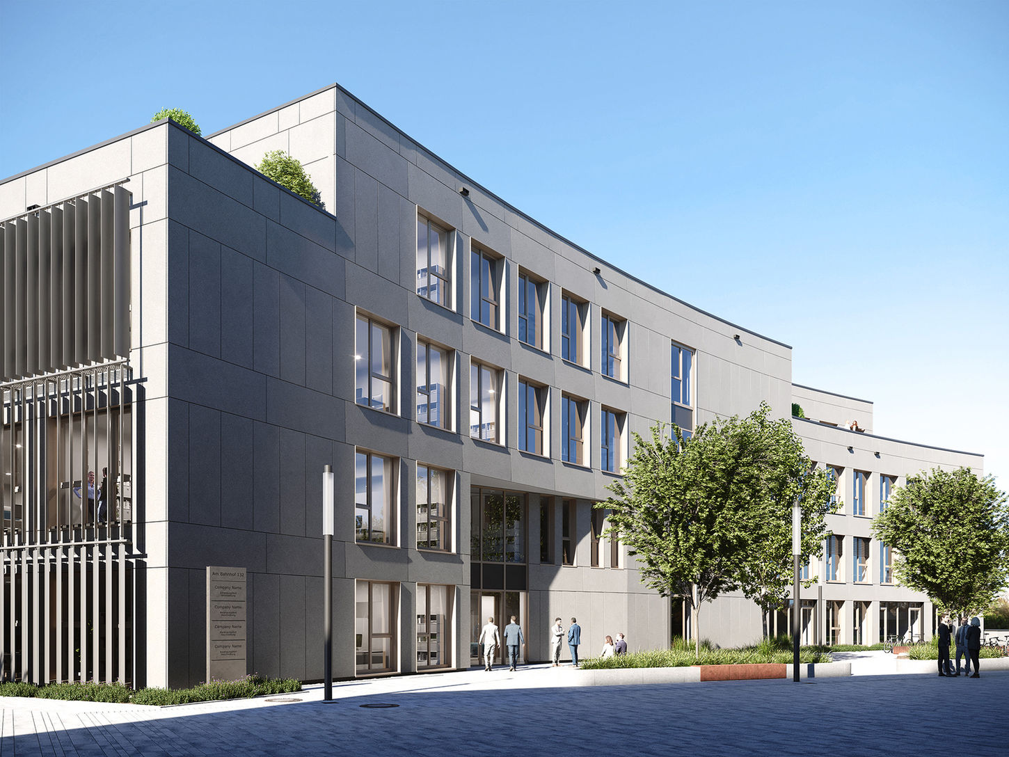 Großes, modernes, graues Gebäude mit vielen Fenstern, Menschen, die draußen stehen, Bäume und Bänke auf dem Bürgersteig, klarer blauer Himmel, graue Kopfsteinpflasterstraße, weißer Bürgersteig und Grün auf dem Dach, mit einem eleganten und zeitgenössischen Architekturstil.