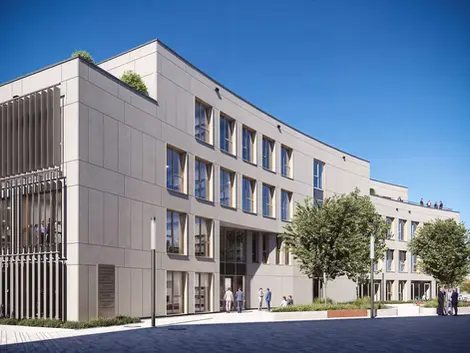 Architekturvisualisierung eines modernen Bürogebäudes mit geschwungener Fassade, großen Fensterflächen und begrüntem Eingangsbereich aus Straßenperspektive.