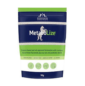 Metabolize. Equine metabolic supplement
Science-based and vet-approved formulation with a unique mix of three flavonoids plus our prebiotic and post-biotic blend.
All natural MetaboLize® is highly palatable and has a low daily serve of 3 to 6 grams, so for a 400kg pony a 90 gram sachet should last around 30 days
