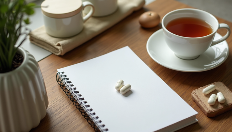 High angle view of a wellness journal, supplement bottle, and a cup of herbal tea on a cozy table
