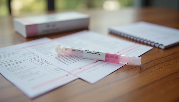 Close-up view of a hereditary breast cancer gene testing kit from MeCheck UK on a wooden table