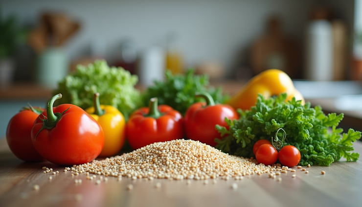 Eye-level view of fresh vegetables and whole grains on a kitchen counter
