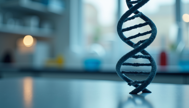 Close-up view of a DNA double helix model on a laboratory table