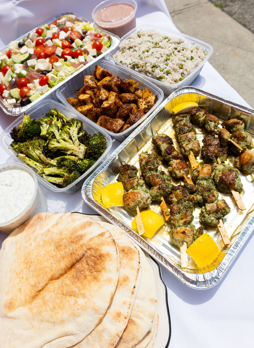 Family Size Greek Chicken Meal - Salad + Skewers + Rice + Potatoes + Flatbread