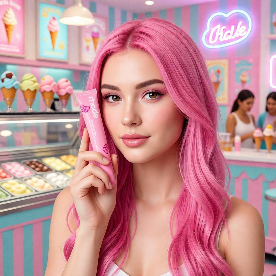 Modella con RHODE Lip Tint tonalità Ribbon effetto Ballet Pink