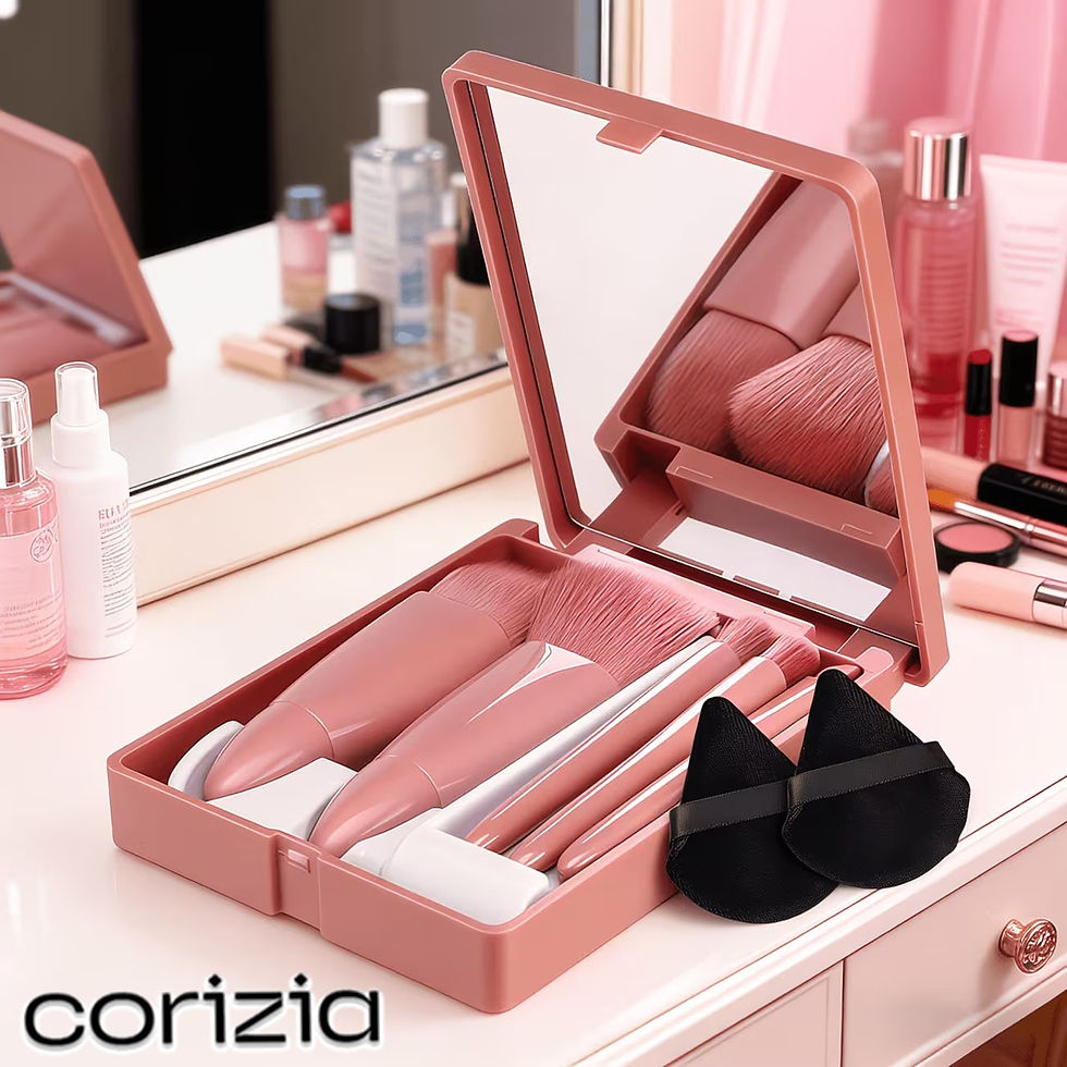 Travel Makeup Brush Set con Specchio Integrato e 5 pennelli rosa