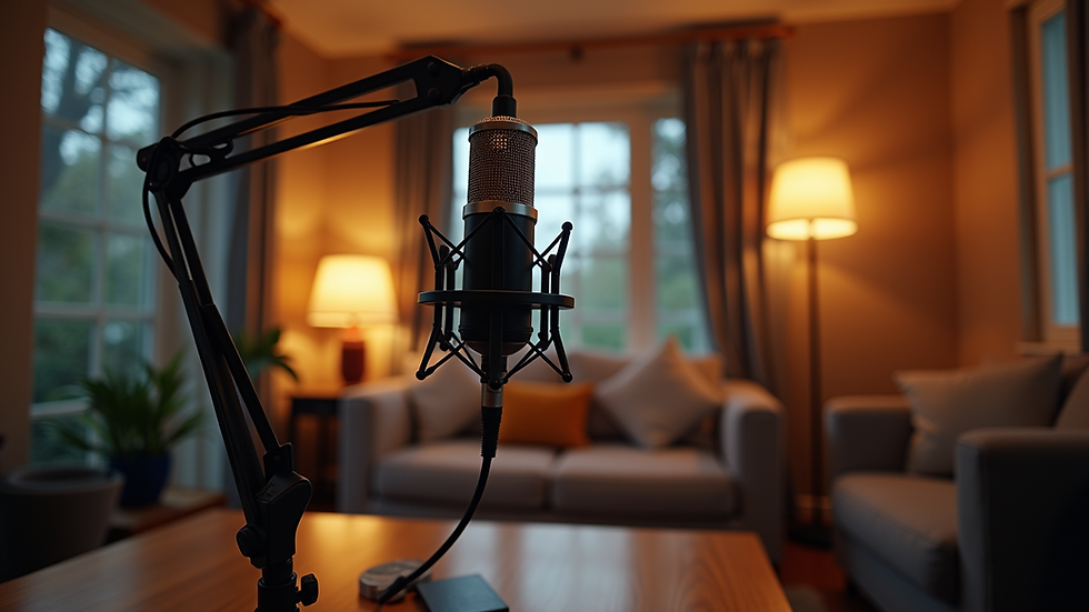 Eye-level view of a cozy podcast studio with a microphone and soundproofing