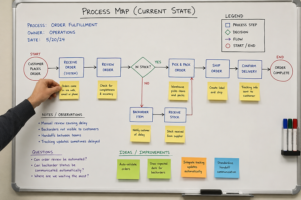 Whiteboard with sticky notes mapping out a process