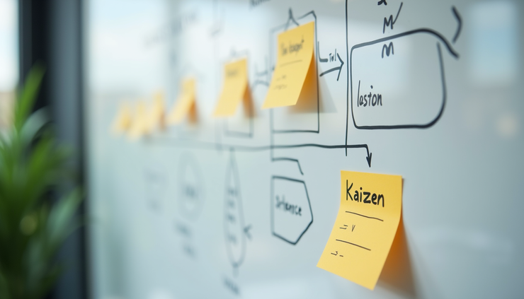 Eye-level view of a whiteboard with a Kaizen process flowchart and sticky notes