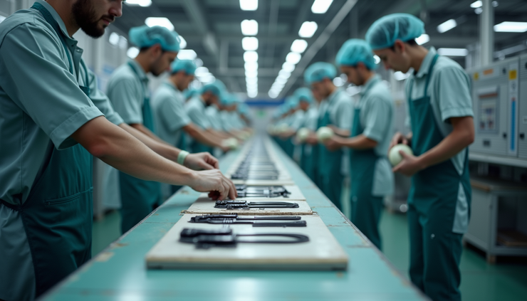Eye-level view of a manufacturing line with workers focusing on assembly tasks