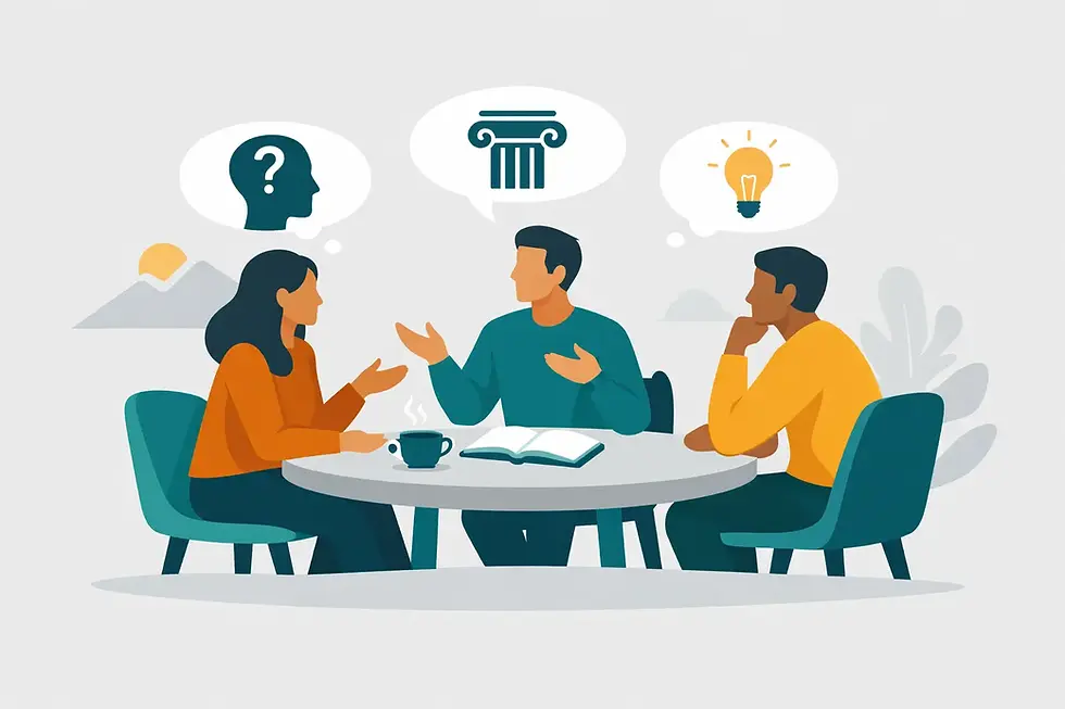 Three people in discussion at a round table with a book and coffee, with speech bubbles showing a question mark, column, and lightbulb.