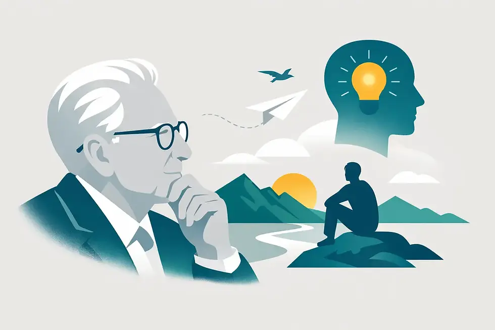 Illustration of an elderly man thinking, paper airplane and lightbulb head silhouette over mountains and a river.