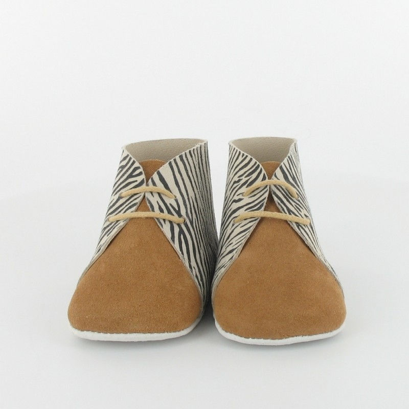 Miniature : Chaussons bébé en cuir zèbre/camel - Le Petit Fils du Cordonnier