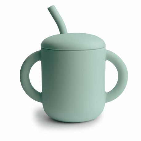 Tasse d'apprentissage en silicone avec paille 'Cambridge Blue' - Mushie
