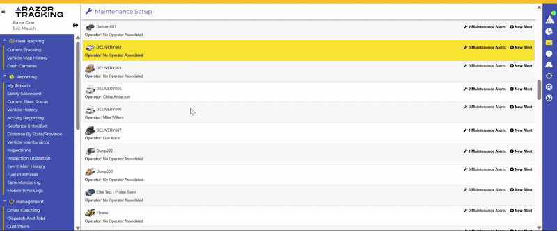Animated GIF of the maintenance report feature in Razor Tracking