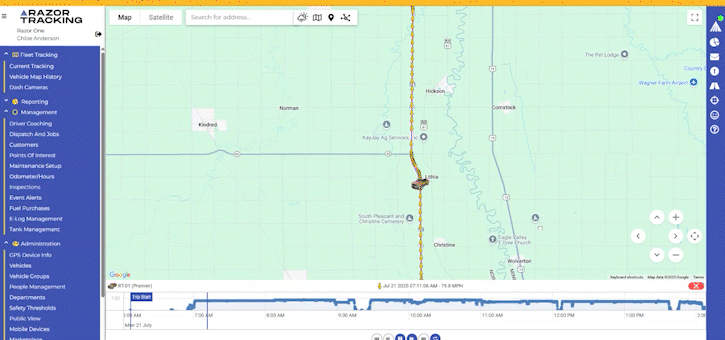 An overhead animated gif of the Razor Tracking app following a vehicle over a GPS map