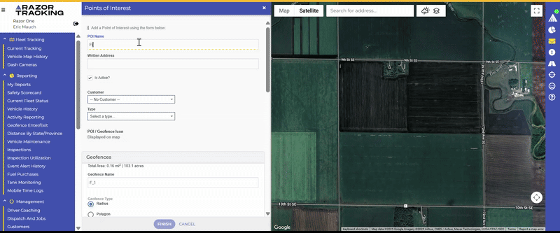 An animated gif of a user creating a geofence over a field in the Razor Tracking platform