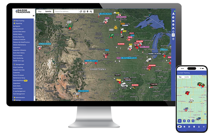Computer and smartphone displaying Razor Tracking’s fleet management software. The computer screen shows a U.S. map.
