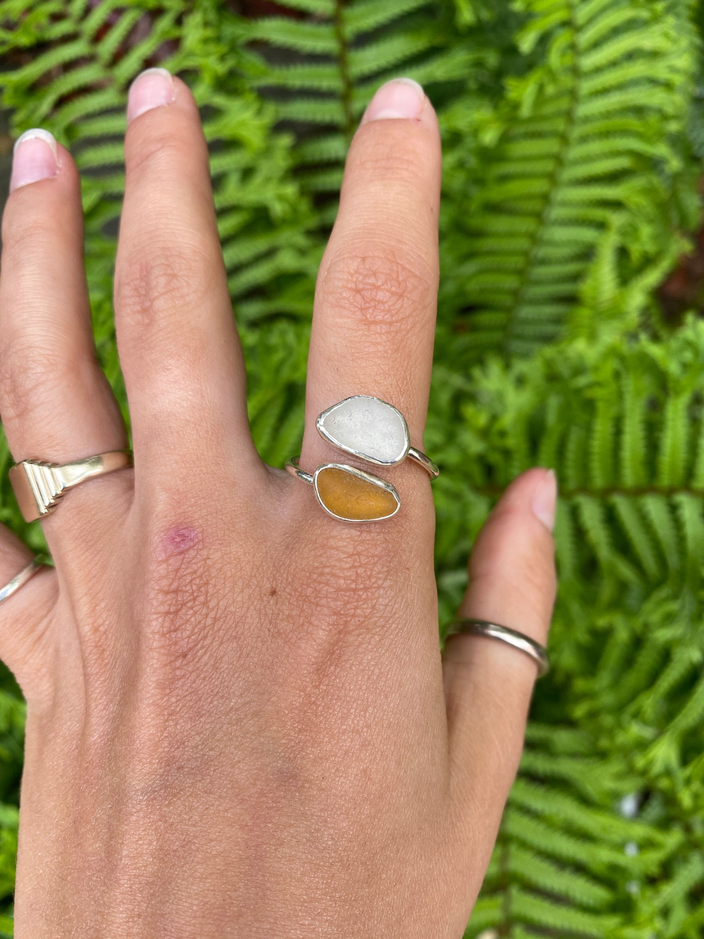 Orange and Clear Cornish Seaglass Adjustable Ring
