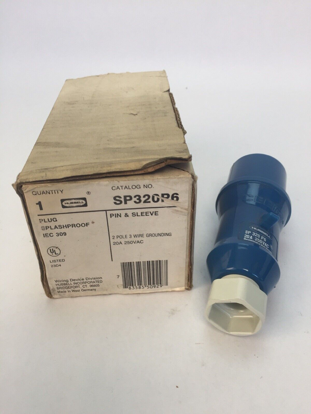 HUBBELL SP320P6 PLUG SPLASHPROOF EIC 309 PIN & SLEEVE 20A 250VAC 2 POLE 3 WIRE