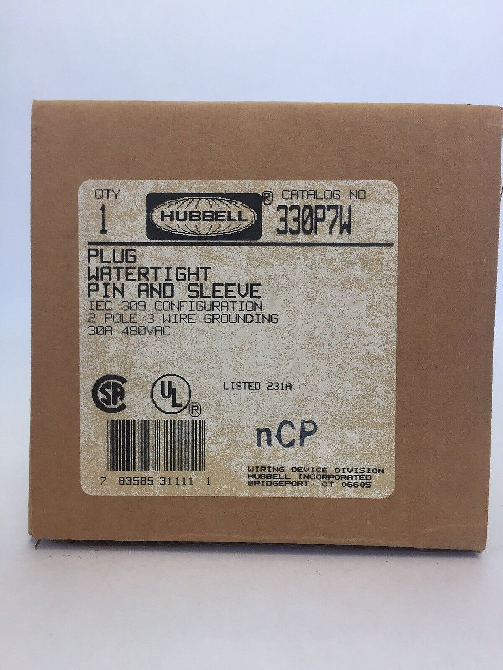 HUBBELL 330P7W PLUG WATERTIGHT PIN & SLEEVE 30A 480VAC 2 POLE 3 WIRE GROUNDING