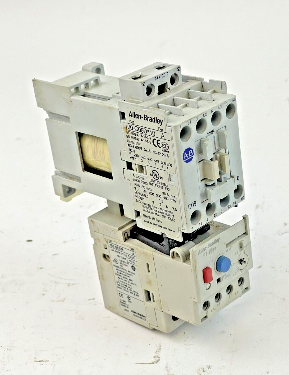 ALLEN-BRADLEY 100-C09D*10 SER. A CONTACTOR W 24VDC COIL & 193-EECB RLY SER. A
