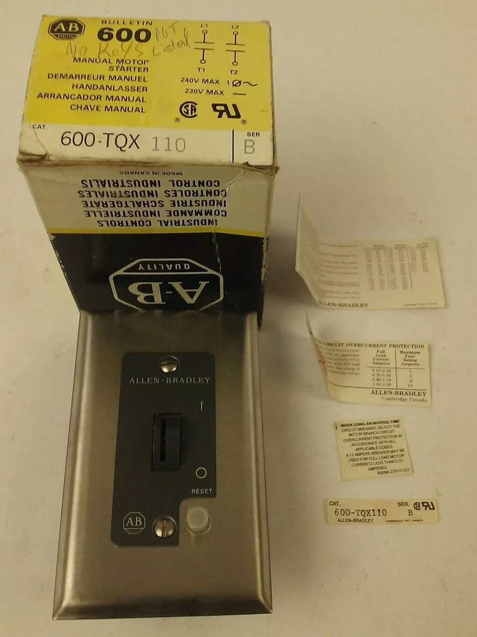 ALLEN BRADELY 600-TQX110 SER.B, MANUAL MOTOR STARTER 240V, NO KEY
