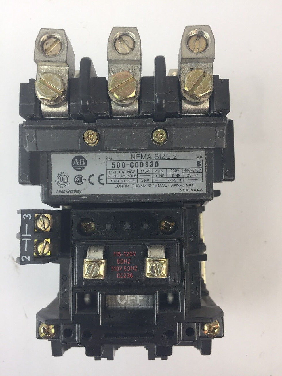 ALLEN BRADLEY 500-C0D930 SIZE 2 CONTACTOR 45A 600VAC SER B CC236 COIL 115-120V
