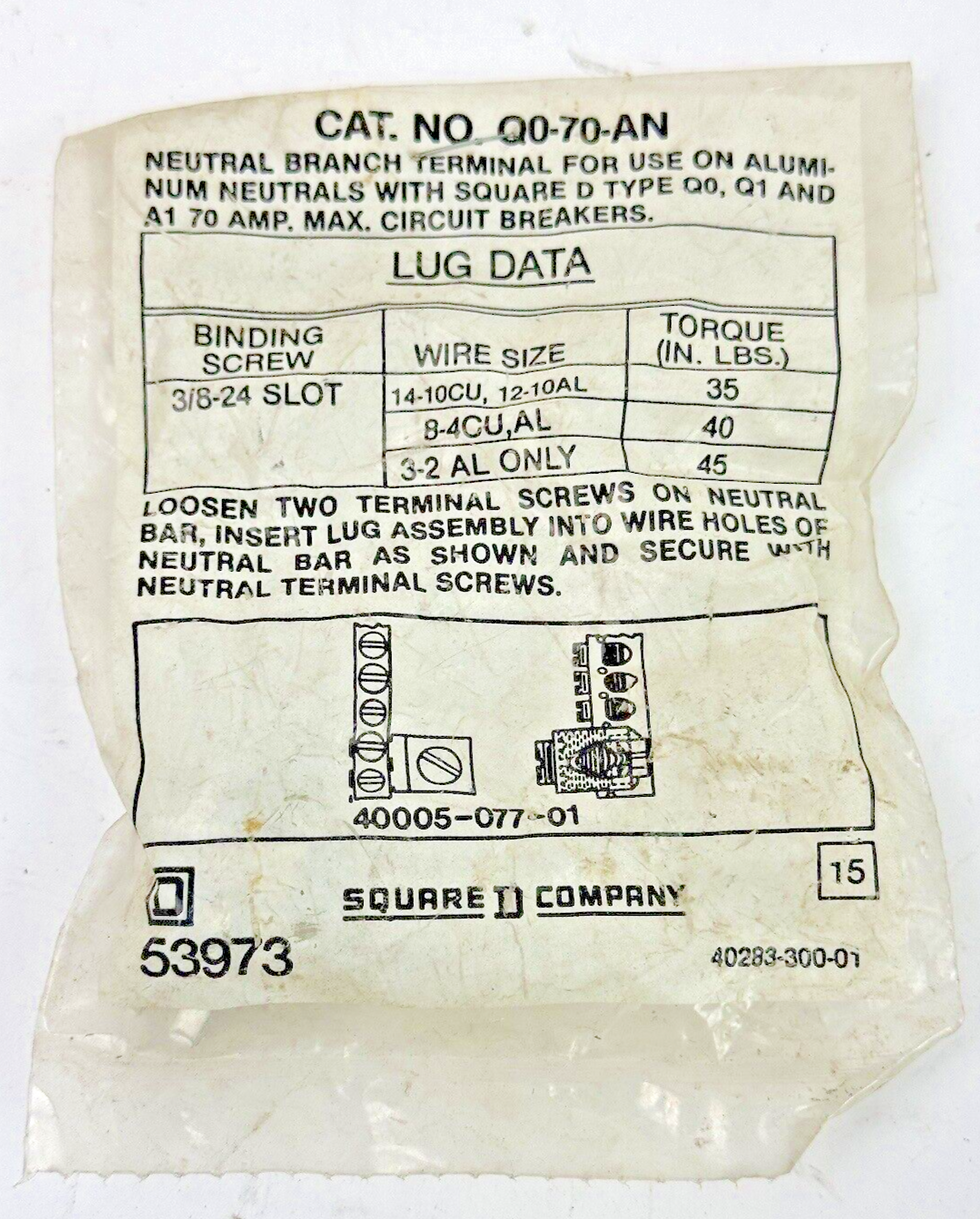 SQUARE D - Q0-70-AN - NEUTRAL BRANCH TERMINAL FOR USE ON ALUMINUM- NEW OLD STOCK