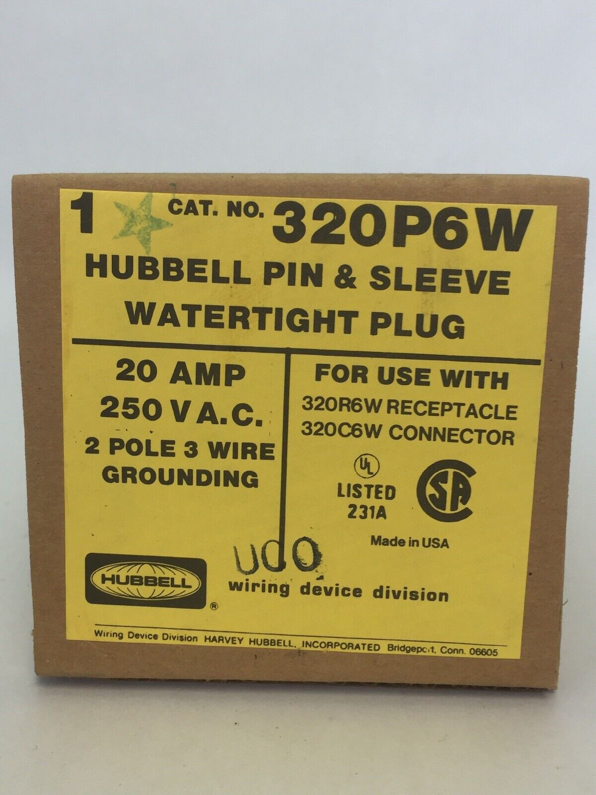 HUBBELL 320P6W PIN & SLEEVE WATERTIGHT PLUG 20A 250VAC 2 POLE 3 WIRE GROUNDING