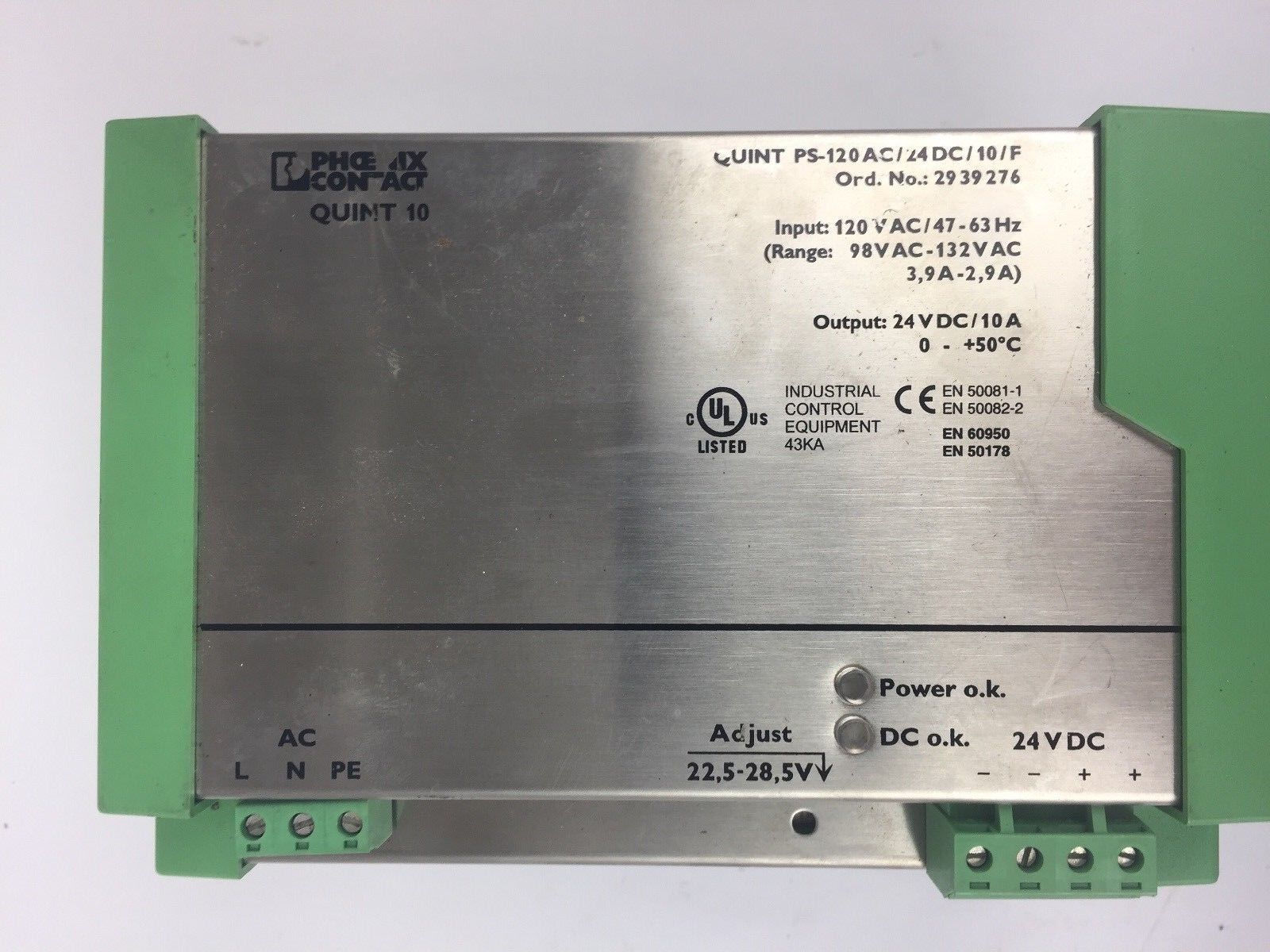 PHOENIX CONTACT QUINT PS-120AC/24DC/10/F POWER SUPPLY 120VAC 47-63HZ 24VDC 10A