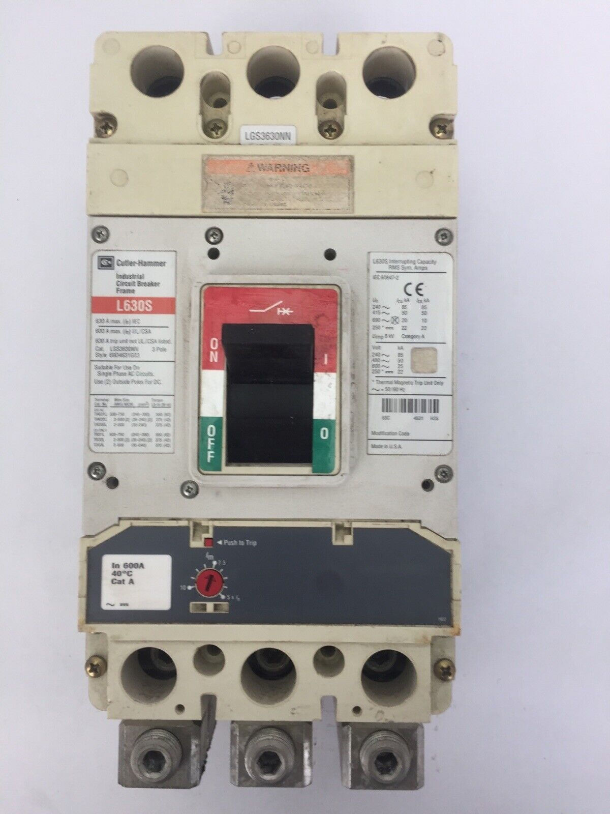 CUTLER HAMMER LGS3630NN INDUSTRIAL CIRCUIT BREAKER 600A 600VAC 250VDC 3POLE