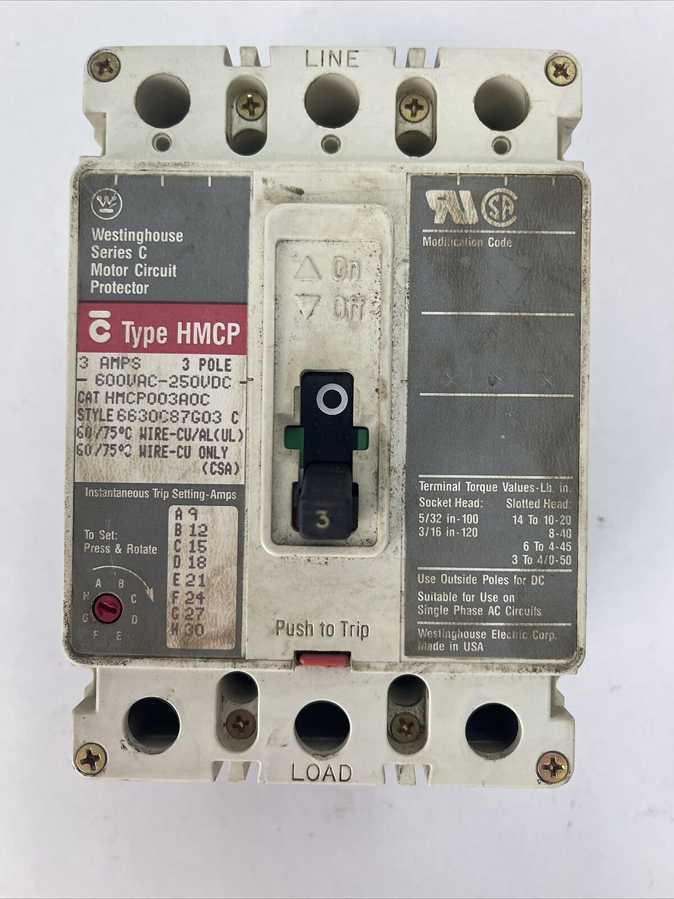 WESTINGHOUSE HMCP003AOC MOTOR CIRCUIT PROTECTOR 3AMP 3P 600VAC 250VDC 6630C87G03