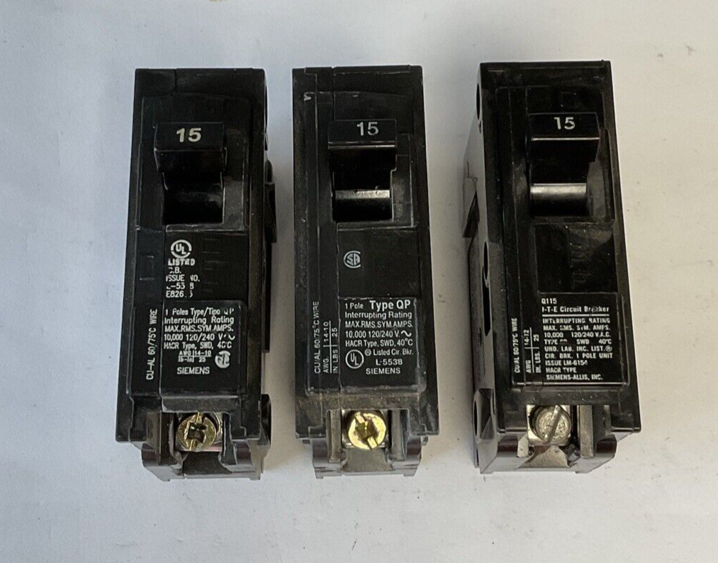 SIEMENS Q115 CIRCUIT BREAKER 120/240VAC 60HZ 15A 1POLE***LOTOF3***