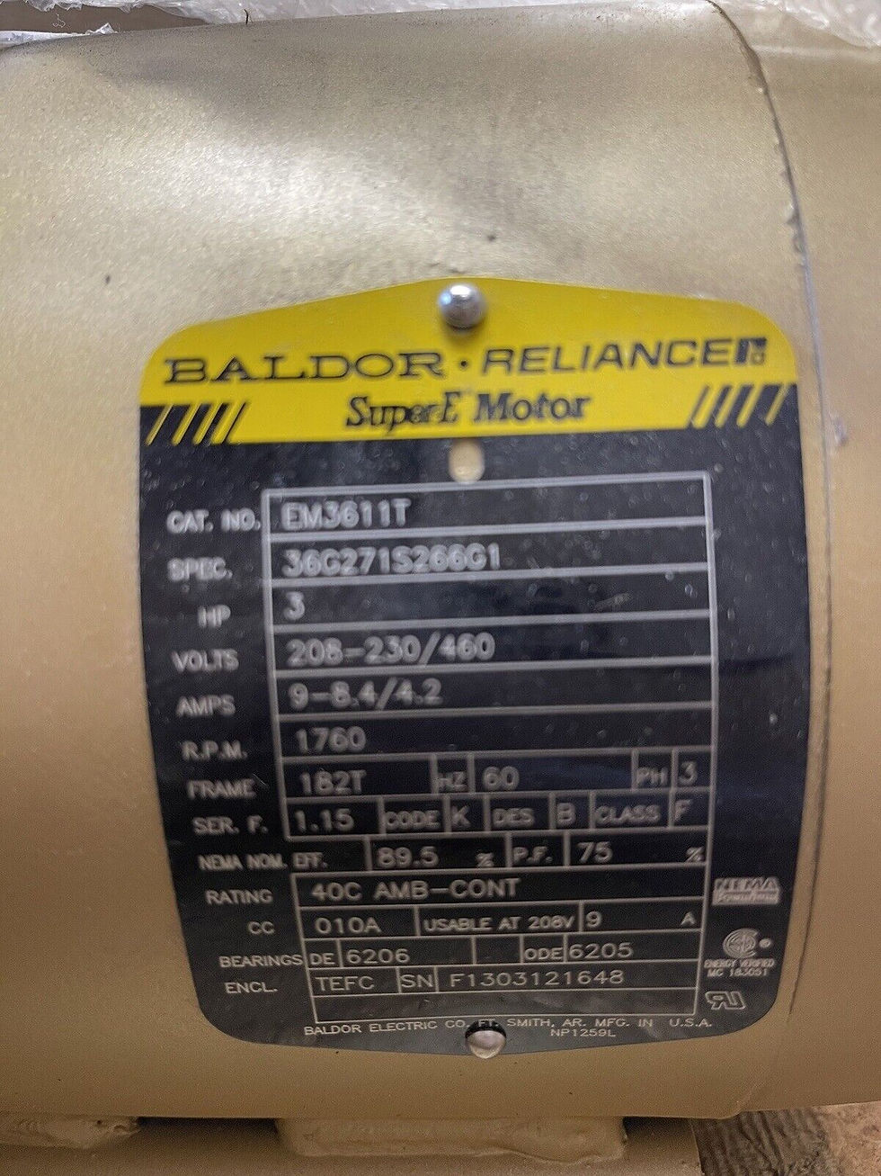 Thumbnail: BALDOR EM3611T - SUPER-E Motor -3 Hp 3 Phase 230/460V 1760 RPM 182T Frame
