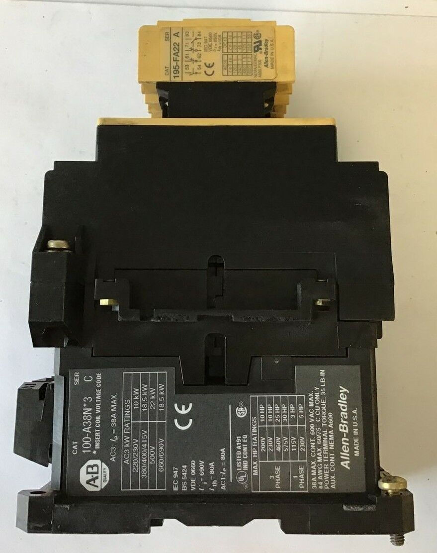 Thumbnail: ALLEN BRADLEY 100-A38N*3 CONTACTOR SER.C  W/ 195-FA22 RELAY SER.A