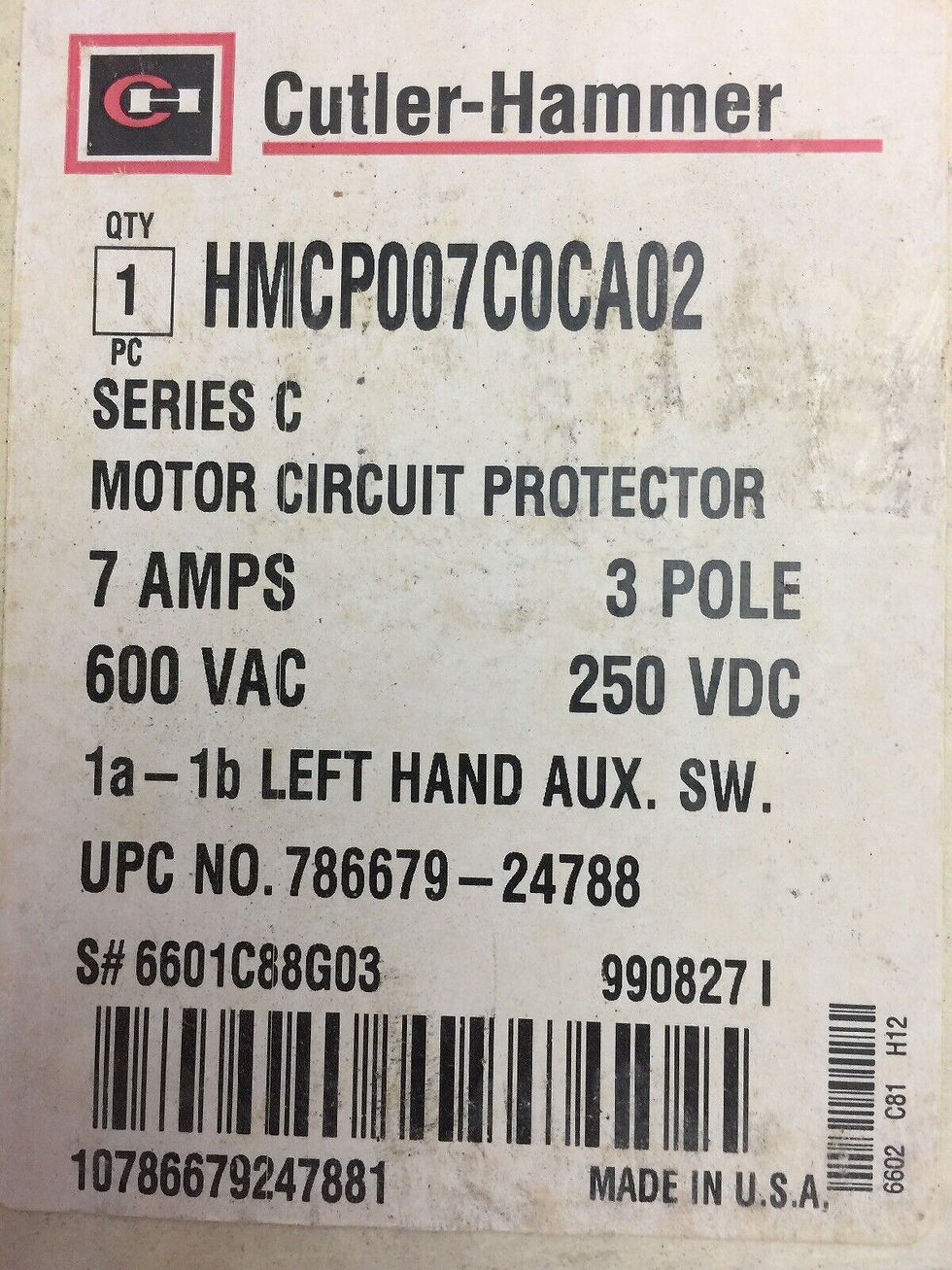 Thumbnail: CUTLER-HAMMER HMCP007C0CA02 MOTOR CIRCUIT PROTECTOR 7AMP 600VAC 250VDC SERIES C