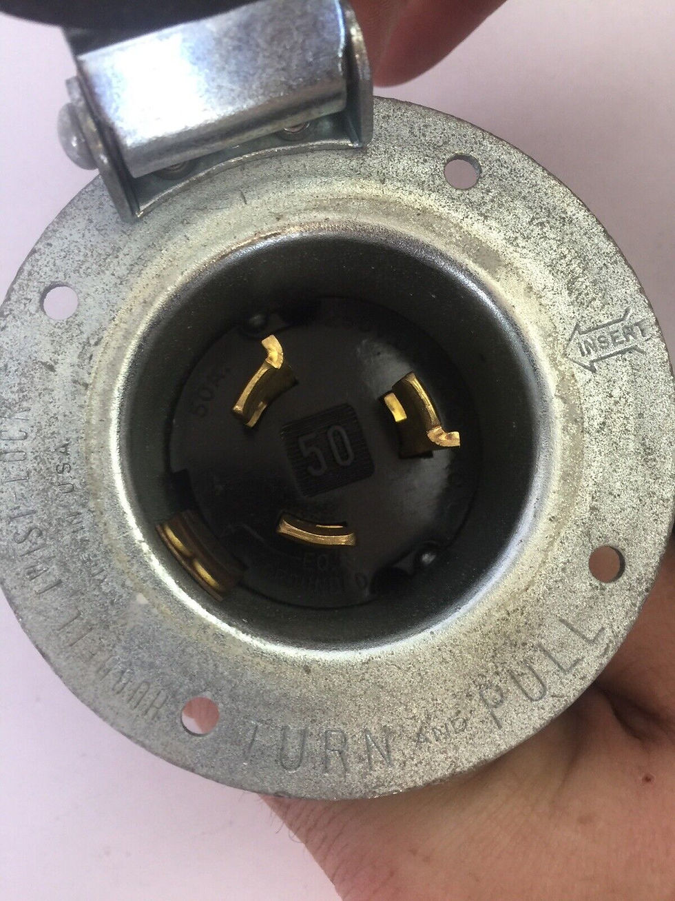 Thumbnail: HUBBELL 3768 TWIST-LOCK FLANGED INLET WITH LIFT COVER 250VDC 600VAC 50A 4-WIRE