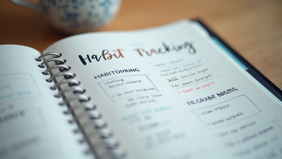 Close-up view of a planner with habit tracking and motivational notes