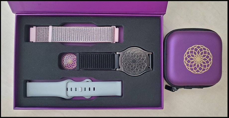 This shows the Florella, extra bands, and the Belly Button all in the Home Case with the Travel Case beside the Home Case.