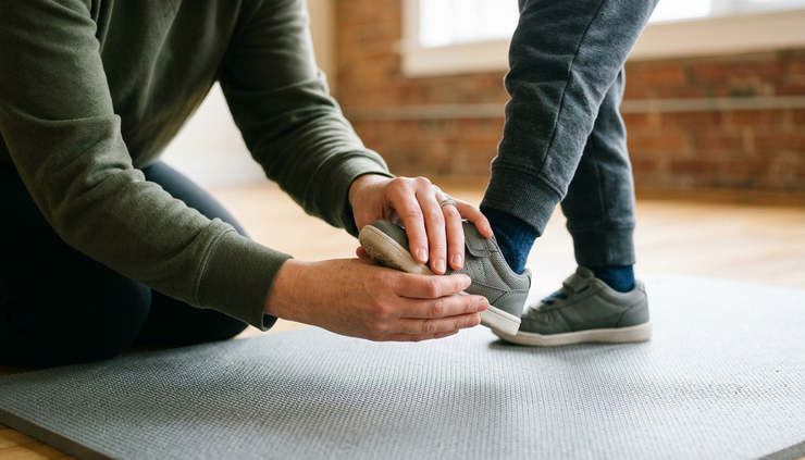 Close-up of a therapist checking a child's foot position during a simple balance exercise