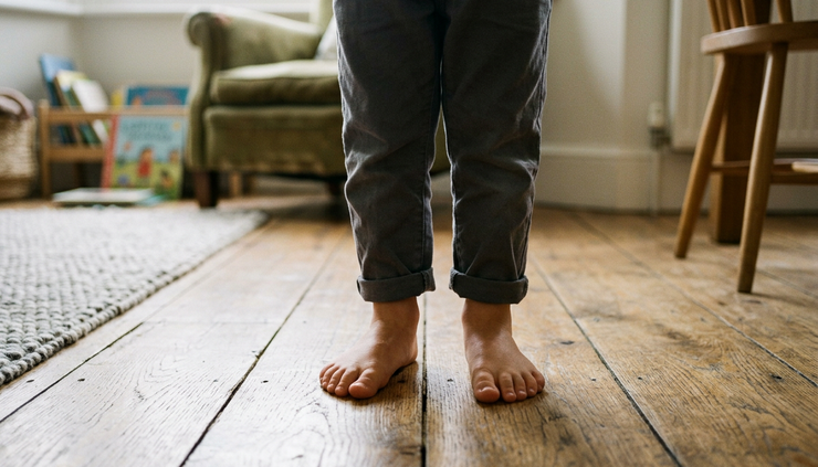 Eye-level view of a child standing barefoot on a wooden floor