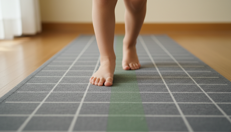 Detailní pohled shora na dětská chodidla při chůzi po diagnostické podložce.