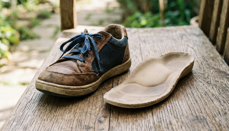 Close-up of a child's shoe with an orthopedic insole placed beside it