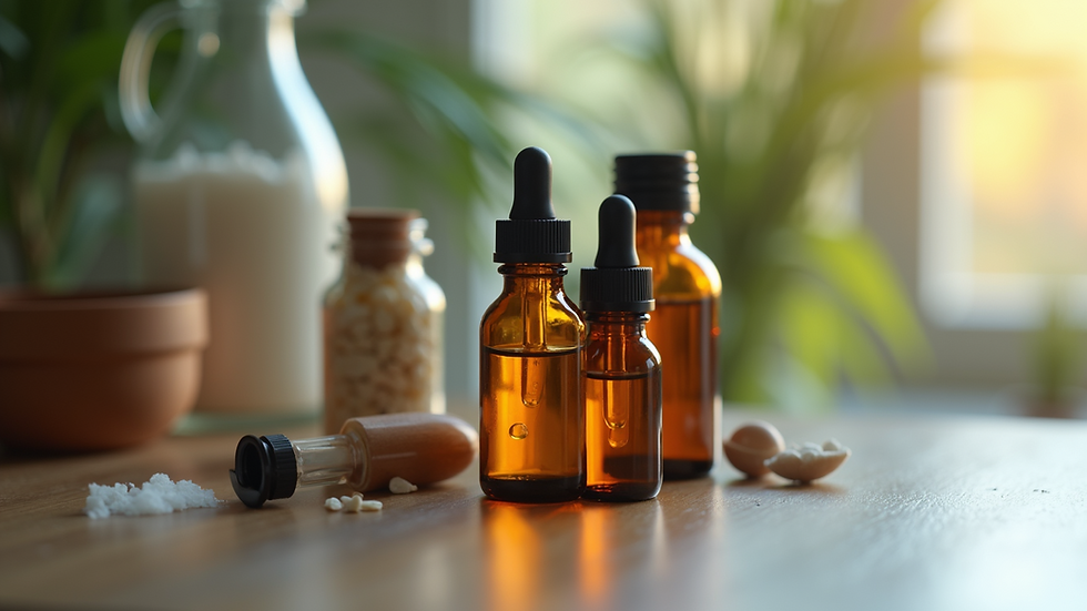 Close-up view of small glass bottles with homeopathic remedies